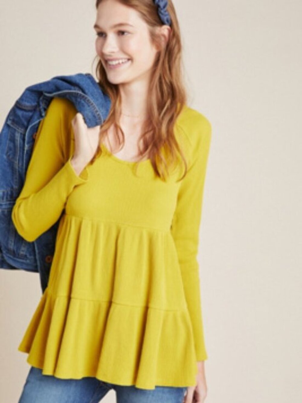 Maeve Samina Thermal Babydoll Top Small Mustard Yellow Waffle Knit Peplum Blouse